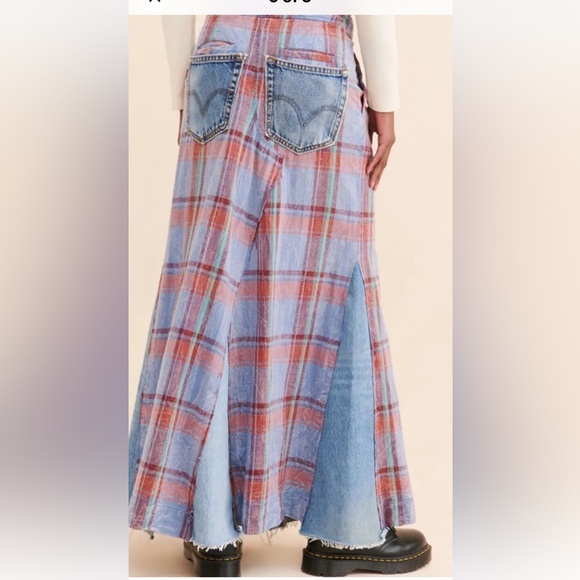 Free People Tricia Fix Plaid Denim Maxi Skirt Reworked Wine Blue - Picture 5 of 6